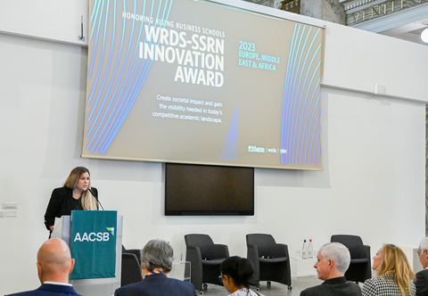 Victoria Kent announces University of Hamburg Faculty of Business, Economics, and Social Sciences as winner of the 2023 WRDS-SSRN Innovation Award. (Photo: Business Wire)