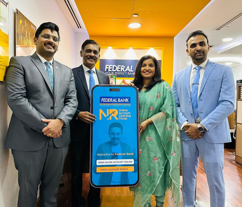 Federal Bank launches Exclusive Portal for Non-Resident Account Opening, seen in the picture are Aravind Karthikeyan, Chief Representative Officer- GCC, Federal Bank, Joy PV, Senior Vice President and Country Head- Deposits, Wealth & Bancassurance, Federal Bank, Sindhu Biju, Program Director of Radio Asia 947 FM and Sherin K Kuriakose, Chief Representative Officer- Dubai, Federal Bank (Photo: Business Wire)