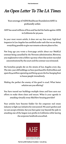 AHF has a new full-page ad in the Los Angeles Times running Thursday, November 30th and Sunday, December 3rd exposing the newspaper’s ongoing bias in covering the world’s largest HIV/AIDS nonprofit, especially as it insists on attacking AHF’s commitment to addressing the increasingly devastating homelessness and affordable housing crises in California.
