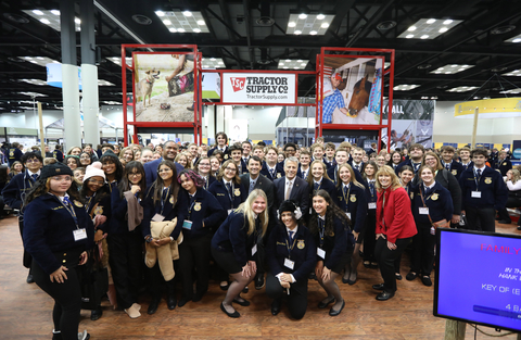 Tractor Supply CEO Hal Lawton, center, welcomes students attending the National FFA Convention at the Indiana Convention Center in Indianapolis, Indiana, in November. This is the second year the company raised more than $1 million to support the Tractor Supply FFA Future Leaders Scholarship, which awards grants to FFA students pursuing studies in the skilled trades and agriculture-related majors. (Photo: Business Wire)