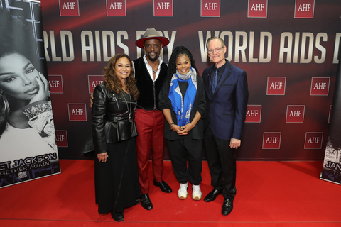 AHF President/Co-Founder Michael Weinstein (right) joins Janet Jackson, Debbie Allen and AHF 2023 Lifetime Achievement Award winner Blair Underwood on the red carpet at the World AIDS Day concert event presented by AHF featuring Janet at the NRG Arena in Houston, Texas on Friday, December 1, 2023. (Photo Credit: Bob Levey, Getty Images for AHF)