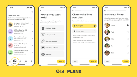 The Bumble For Friends app is adding a Plans section for groups of friends to meet. To make it easier to build a community of friends, people can now organize in-person group get-togethers and discover nearby activities to join. (Graphic: Business Wire)