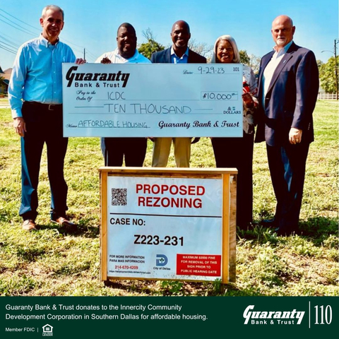 Guaranty Bank & Trust donates to the Innercity Community Development Corporation in Southern Dallas for affordable housing. (Photo: Business Wire)