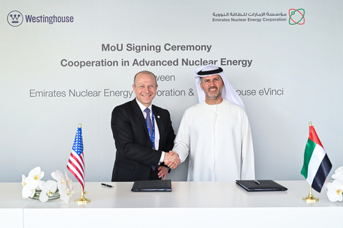 Westinghouse President and CEO Patrick Fragman (left) with His Excellency Mohamed Al Hammadi, ENEC’s Managing Director and Chief Executive Officer, at the signing ceremony at COP28 in Abu Dhabi, UAE. (Photo: Business Wire)