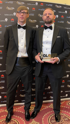 Robert Stevenson, Head of UK Operations at MCE, and Jason Saunt, Marketing Director at MCE, accepted the "Telecoms Marketing Team of the Year" award at the event. (Photo: Business Wire)