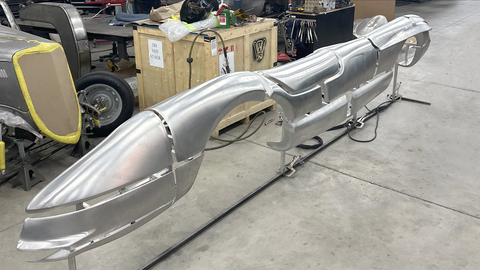 Florida-based Saltworks Fab recently demonstrated the capabilities of its new Figur G15 technology at the SEMA Show in Las Vegas, where the team exhibited the entire side body of a Mercedes Gullwing, shown here in their shop, created with 6061 aluminum panels formed on the G15 in under 10 hours for the entire 15-piece assembly. (Photo: Business Wire)