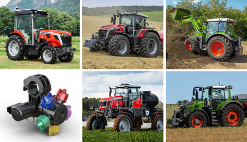 AGCO announced that six of its products and solutions won the prestigious 2024 AE50 Award for innovation and engineering excellence. The company’s brand-spanning winning products include (clockwise from upper-left) Massey Ferguson’s 3S and 9S series tractors, Fendt’s 200 and 600 Vario series tractors, Massey Ferguson’s 500R Series sprayer, and Precision Planting’s SymphonyNozzle. (Photo: Business Wire)