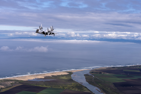 Joby’s all-electric aircraft in flight above Marina, California. Joby Aviation Photo