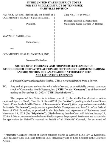 original Notice of Proposed Derivative Settlement and Stipulation and Agreement of Settlement