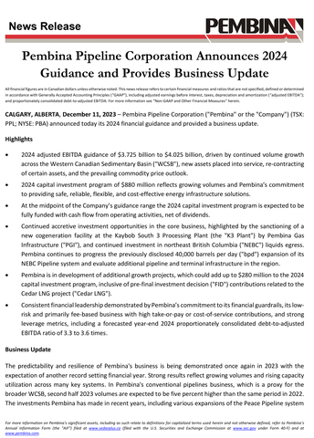Pembina Pipeline Corporation Announces 2024 Guidance and Provides Business Update