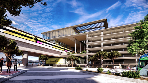 A rendering of the new Brightline West high-speed rail station at Cucamonga Station. Cucamonga Station is the southern terminus for the all-electric high-speed rail passenger service traveling up to 200 mph between Las Vegas and Rancho Cucamonga, California where passengers can easily connect to Metrolink regional rail service into downtown Los Angeles and beyond. Cucamonga Station will be the first fully multi-modal transportation hub in the country to connect high-speed rail to trains, planes, buses and carpool services. (Graphic: Business Wire)