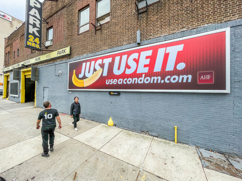 AHF's "Just Use It” billboard campaign now is running in three new cities – New York City, Chicago, and Miami – after several national out-of-home advertising companies refused the artwork back in August. This board is at 575 Washington and W. Houston in NYC. (Photo: Business Wire)