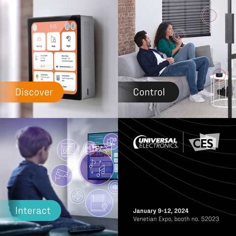 Universal Electronics Inc. (NASDAQ: UEIC), the worldwide leader in universal control technology for smart home and entertainment devices will be presenting its broadest line-up of new products and technologies to help simplify and enhance the user experience on any connected device in the home. UEI’s product and technology demonstrations enable Discovery, Control and Interaction across disparate connected devices in the home to create smarter living for a growing list of smart home appliance customers. The complete set of innovative products and solutions can be seen at booth #52023, near the Smart Home Pavilion entrance at the Venetian Expo at the 2024 International Consumer Electronics Show in Las Vegas, Nevada starting on January 9th. (Graphic: Business Wire)