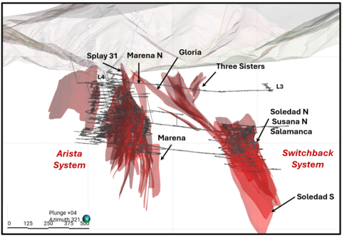 Perspective View of the Arista, Gloria, Three Sisters, and Switchback Vein Systems (looking north-west). (Graphic: Business Wire)
