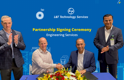 original L-R: William M. (Bill) Anderson VP Mechanical Engineering, bp Innovation and Engineering, Bruce Price, VP Maintenance & Engineering, Global Operations. bp, Amit Chadha, CEO & MD, LTTS and Subrat Tripathy, SVP & Chief Business Officer – IP & PE North America, LTTS. (Photo: Business Wire)
