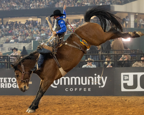 Saddle Bronc champion Stetson Wright competes in The American Rodeo on March 11, 2023 at Globe Life Field in Arlington, Texas. (Photo: Teton Ridge)