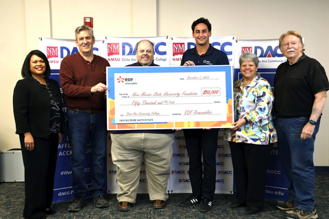 original EDF Renewables presents Doña Ana Community College with a $50,000 contribution to establish an endowment. L-R: Aggie Saltman-Lead Development Officer, James Fredrickson-Department Chair Architecture and Construction Technologies, Chipper Moore-Division Dean, Advanced Technologies, Henry Smith-Community Engagement Manager at EDF Renewables, Dr. Mónica Torres-Chancellor, Kevin Gall-Assistant Professor, Architecture and Construction Technologies (Photo: Business Wire)