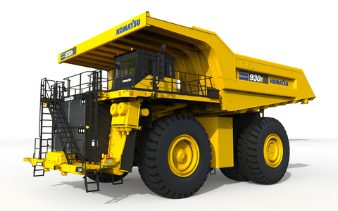 A front 3/4 view of a virtual rendering of Komatsu’s 930E mining truck that will be powered by HYDROTEC fuel cells. (Photo: Business Wire)
