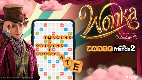 Zynga Inc., a wholly-owned publishing label of Take-Two Interactive (NASDAQ: TTWO) and a global leader in interactive entertainment, today announced a collaboration with Warner Bros. Pictures to feature one of this holiday’s most anticipated films, Wonka, in multiple Zynga games, including its iconic franchise Words With Friends. The game integrations will give players an inside look at the magical world of Wonka through custom in-game challenges, rewards, and film content. (Graphic: Business Wire)