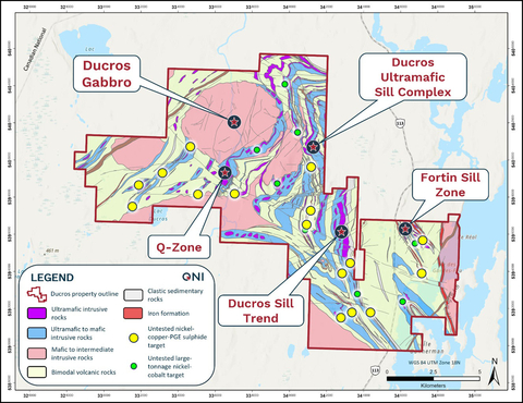 Figure 1. Map of the Ducros Property showing the locations of select AI-derived nickel-sulphide and nickel-cobalt targets in relation to the Property’s primary target areas underlain by the newly interpreted geology. (Graphic: Business Wire)