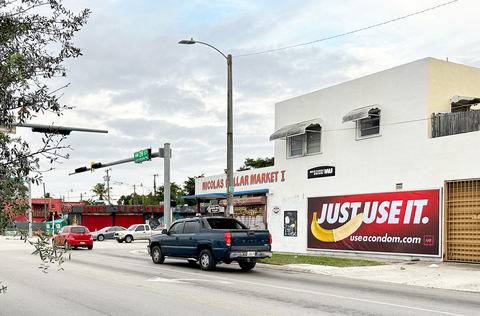 AHF's “Just Use It” billboard campaign is now running in three new cities – Miami, Chicago, and New York City – after several national out-of-home advertising companies refused the artwork back in August. The billboards feature a condom-covered banana with the “Just Use It” slogan and the “useacondom.com” URL. This billboard in Miami is at NW 22nd Ave & NW 28th St (until 12/24/23). (Photo: Business Wire)
