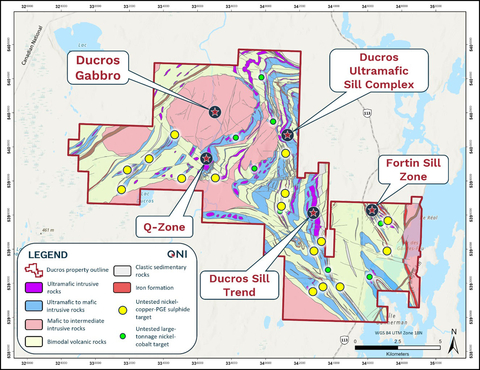 original Figure 1. Map of the Ducros Property showing the locations of select AI-derived nickel-sulphide and nickel-cobalt targets in relation to the Property’s primary target areas underlain by the newly interpreted geology. (Graphic: Business Wire)