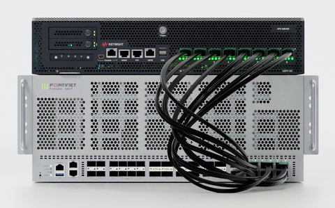 The Keysight APS-M8400, the industry’s first and highest density 8-port 400GE Quad Small Form Factor Pluggable Double Density network security test platform is used to validate the hyperscale distributed denial of service defense capabilities and carrier-grade performance of the FortiGate 4800F next generation firewall. (Photo: Business Wire)
