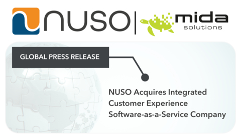NUSO, a leading multinational service provider of proprietary cloud communications, customer experience and CPaaS enablement solutions, announced the acquisition of Italian-based Mida Solutions S.r.l (Mida), a software-as-a-service provider of contact center, compliance recorder and call analytics with customers in 39 countries. (Graphic: Business Wire)