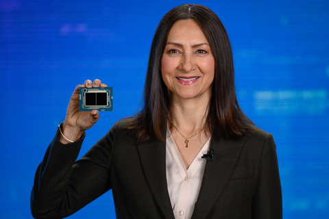 Sandra Rivera, Intel executive vice president and general manager of the Data Center and AI Group, displays a 5th Gen Intel Xeon processor during an event in March 2023. On Dec. 14, 2023, Intel introduced its 5th Gen Intel Xeon Scalable processors, delivering increased performance per watt and lower total cost of ownership across critical workloads for artificial intelligence, analytics, networking, security, storage and high performance computing. (Credit: Intel Corporation)