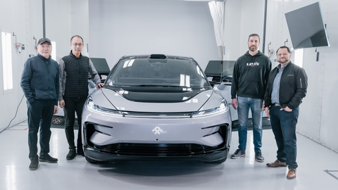 Faraday Future Delivers FF 91 2.0 to Long-Time Employee Xiao Ma (Max) at the Company’s Hanford Manufacturing Plant. (Max pictured second from left) (Photo: Business Wire)