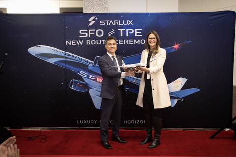 In a gesture of gratitude, STARLUX CEO Glenn Chai presented a model of the STARLUX Airlines A350 aircraft to San Francisco International Airport's Director of Aviation Marketing and Development, Melissa Andretta. The launch of its second US destination and SFO-TPE route marks the culmination of a remarkable series of milestones for STARLUX. (Photo Credit: STARLUX)