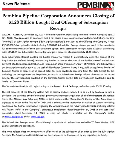 Pembina Pipeline Corporation Announces Closing of $1.28 Billion Bought Deal Offering of Subscription Receipts