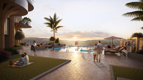 An artist's rendering of the pool and pool deck atop Apollo's two-story podium. (Rendering credited to Urban Catalyst and Aedis Architects)