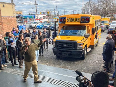 Matt Berlin, CEO of NYCSBUS, speaks on the project during an announcement event at the Zerega depot site. Photo credit: NYLCV