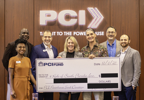 thumbnail Susan and Arturo Echarte (center and third right), Co-Founders of Postal Center International (PCI), present a symbolic check to representatives from 4KIDS of South Florida, Inc. at PCI’s corporate headquarters in Weston, Florida, on Wednesday, December 6, 2023. Looking on are (from left) Cassandra Celestin, Partner Engagement Officer; James Stewart, Vice President of Programs; Tom Lukasik, Vice President of Community Engagement; Tim Putman, Vice President of Prevention and Quality Assurance and Improvement; and Kevin Granato, Assistant to the President. The check was part of a donation from the PCI Powerhouse Fund to several South Florida-based children's welfare organizations. (Photo: Business Wire)