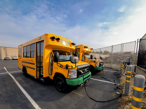 School buses charging at the Pittsburg Unified School District bus depot. Photo provided by Pittsburg USD.
