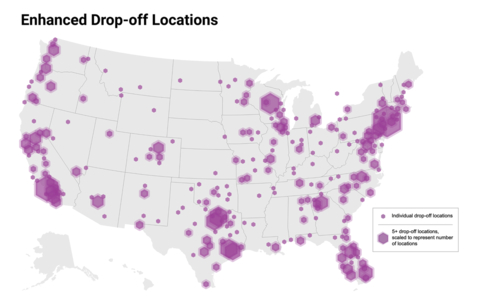 ~<percent>50%</percent> of US population is within 10 miles of a new drop-off network location, with hundreds of new locations launching in the coming months. (Graphic: Business Wire)