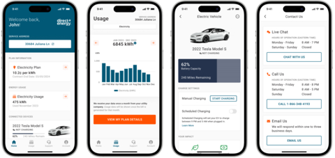 The Direct Energy app allows customers to monitor home energy usage, including EV charging, and provides access to customer service. (Photo: Business Wire)