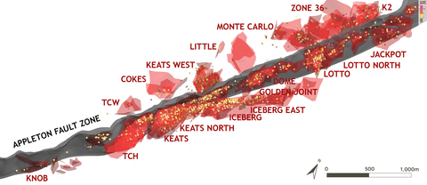 Figure 1. An inclined 3-D view of the approximately 6km north-south mineralized corridor along the Appleton Fault Zone at Queensway North with modelled zones. (Graphic: Business Wire)