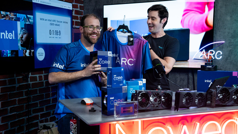 Ben Tibbels (left) and Tom Polos show products during a Newegg livestream last year. Tibbels will be appearing live on Newegg's TikTok channel during the 