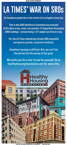 In addition to hosting tours of five of its single-room-occupancy hotels repurposed as extremely-low-income and homeless housing, AHF has also placed a full-page ad headlined “LA Times’ War on SROs” in Sunday’s print edition of the Los Angeles Times (1/7/24), formally extending the invitation. (Graphic: Business Wire)