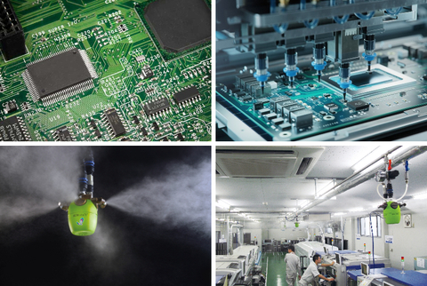 Each individual photo available upon request: IKEUCHI offers humidity control systems using Dry Fog not only preventing static electricity in SMT processes but also significantly slashing operating costs and CO2 emissions. (Photo: Business Wire)