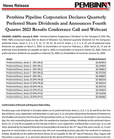 original Pembina Pipeline Corporation Declares Quarterly Preferred Share Dividends and Announces Fourth Quarter 2023 Results Conference Call and Webcast