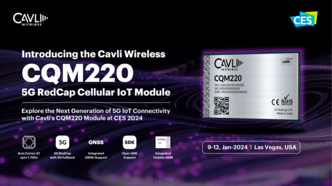 Cavli Wireless announces the 5G RedCap CQM220 Cellular IoT Module at CES 2024 (Graphic: Business Wire)