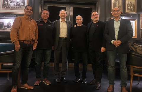 The senior leadership teams of GCX and Prodapt after finalizing the strategic partnership: GCX Chief of Staff Giancarlo Ferro (third from left), CIO TS Narayanan (fourth from left), MD-Managed Services Lorenzo Romano (second from right), with Prodapt CEO Harsha Kumar (second from left), EVP-Europe Mukul Gupta (extreme right), and Senior Partner Mandeep S Kwatra. (Photo: Business Wire)
