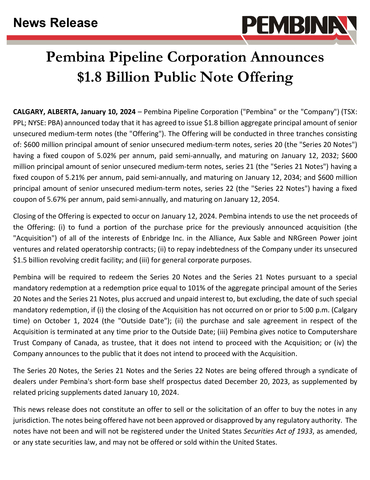 Pembina Pipeline Corporation Announces $1.8 Billion Public Note Offering