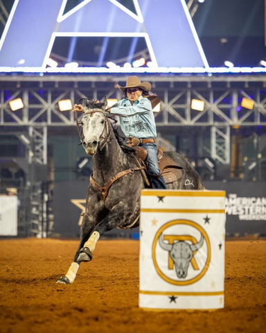 original Professional Barrel Racer Lisa Lockhart competes at The American Rodeo, which just announced an international broadcast rights deal with DAZN for 2024's March event. (Photo: Michael Pintar)