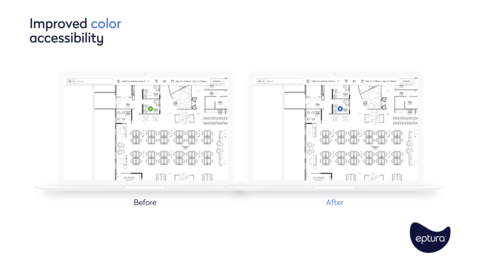 Eptura has introduced a series of accessibility improvements including adding a new color scheme for available and booked desks to enhance visibility and understanding of availability for users with color blindness. (Graphic: Business Wire)