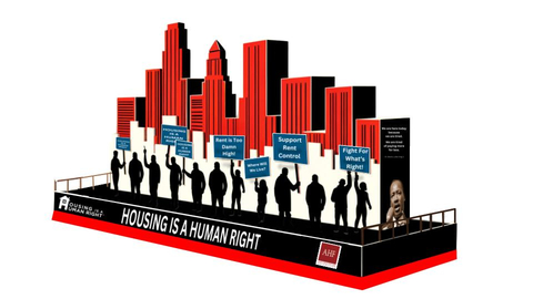 original AHF will have a float in the Kingdom Day Parade in L.A. featuring a profile of the Downtown Los Angeles skyline. The float also prominently features a poignant quote from Dr. King, who was a moving force behind the federal Fair Housing Act, which Congress enacted after King’s assassination in 1968. Dr King’s quote: “We are here today because we are tired. Tired of paying more for less.” AHF's contingent also includes special emphasis on the Justice for Renters Act (J4R), the November 2024 California statewide ballot measure AHF is spearheading to remove local restrictions against rent control. (Graphic: Business Wire)