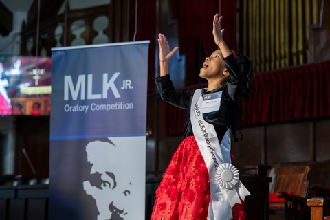 Fourth-grader Montoiya Murray from Blackshear Elementary in Houston won first place in the 28th annual Foley MLK Jr. Oratory Competition on Jan. 12, 2024. The competition is hosted by Foley & Lardner LLP and Houston ISD. (Photo: Business Wire)